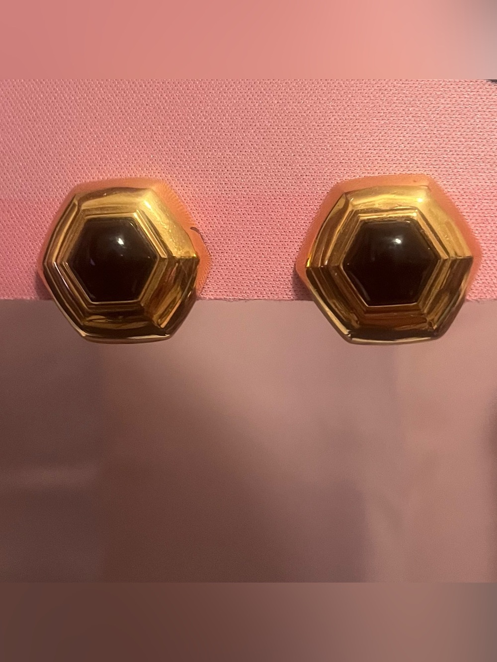 Vintage Monet Hexagonal Gold-Tone and Black Clip-On Earrings
